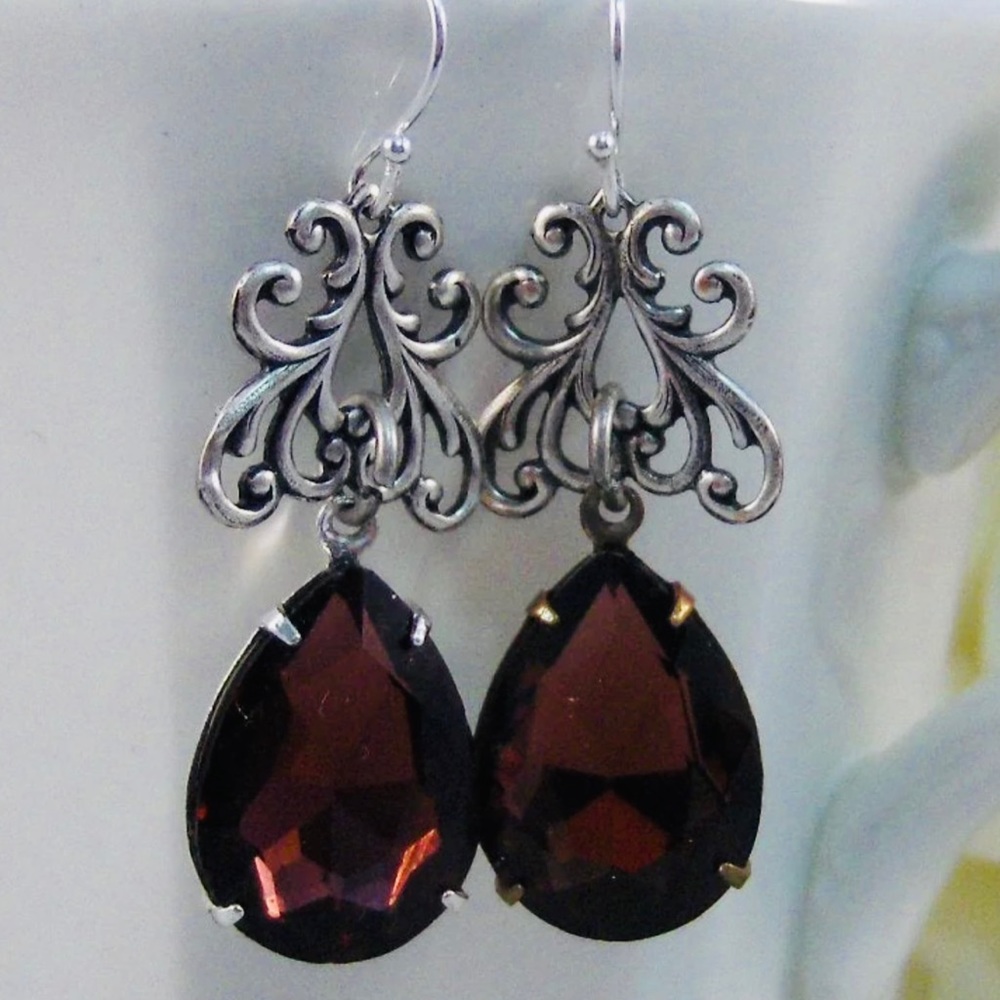 Garnet Earring Silver Birthstone January Vintage Antique Garnets Vintageearring
